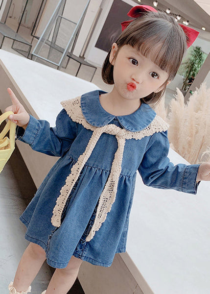 New Blue Peter Pan Collar Ruffled Denim Girls Mid Dresses Long Sleeve XZ073 FALL-MM-RCTZ-FDGM240618