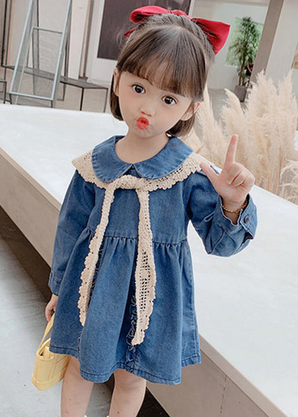 New Blue Peter Pan Collar Ruffled Denim Girls Mid Dresses Long Sleeve XZ073 FALL-MM-RCTZ-FDGM240618