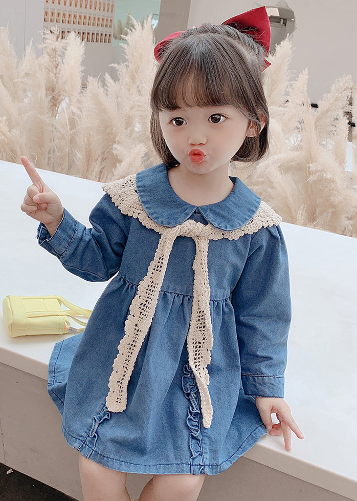 New Blue Peter Pan Collar Ruffled Denim Girls Mid Dresses Long Sleeve XZ073 FALL-MM-RCTZ-FDGM240618
