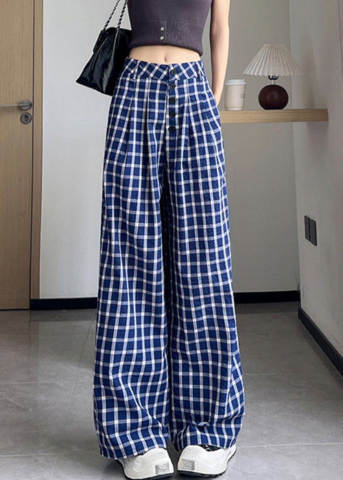 New Blue Plaid High Waist Cotton Wide Leg Pants Fall AB1028 Genistyle Shop