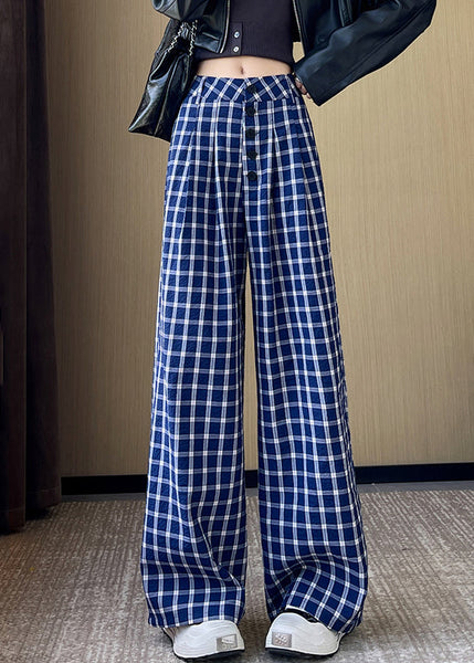 New Blue Plaid High Waist Cotton Wide Leg Pants Fall AB1028 Genistyle Shop