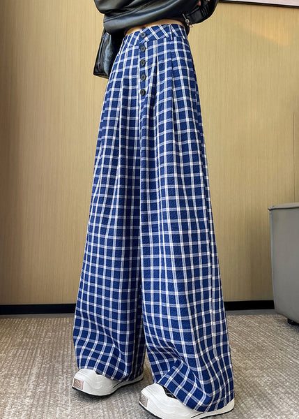 New Blue Plaid High Waist Cotton Wide Leg Pants Fall AB1028 Genistyle Shop