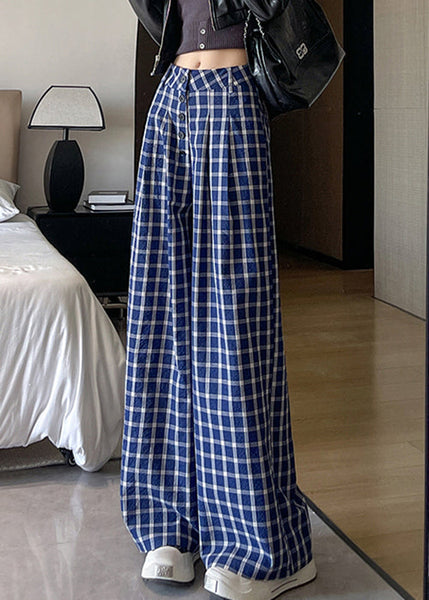 New Blue Plaid High Waist Cotton Wide Leg Pants Fall AB1028 Genistyle Shop
