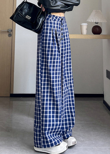New Blue Plaid High Waist Cotton Wide Leg Pants Fall AB1028 Genistyle Shop