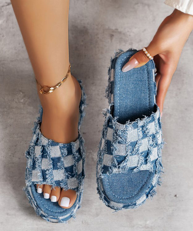 New Blue Platform Bottom Denim Tassel Checkered Slide Sandals UU001 OM-XZ240821