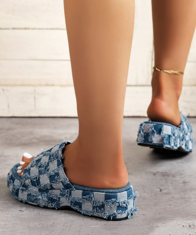 New Blue Platform Bottom Denim Tassel Checkered Slide Sandals UU001 OM-XZ240821