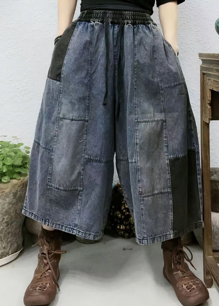 New Blue Pockets Elastic Waist Patchwork Denim Crop Pants Summer VV095 HS-CPTS240627