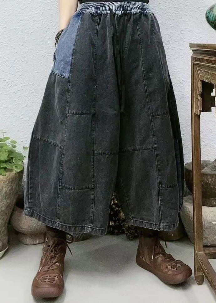 New Blue Pockets Elastic Waist Patchwork Denim Crop Pants Summer VV095 HS-CPTS240627