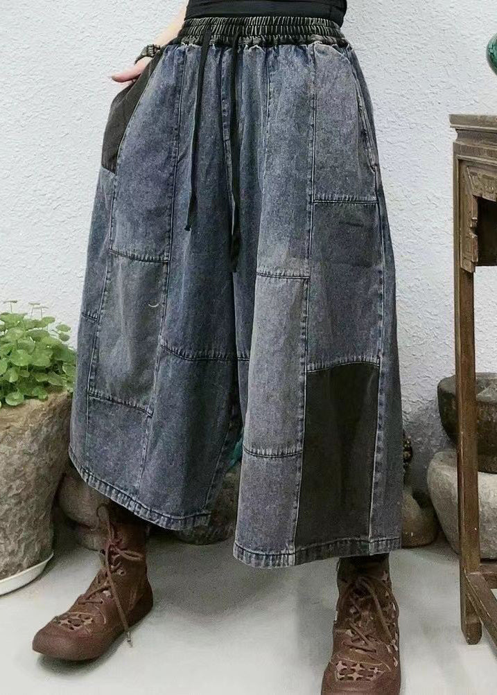 New Blue Pockets Elastic Waist Patchwork Denim Crop Pants Summer VV095 HS-CPTS240627