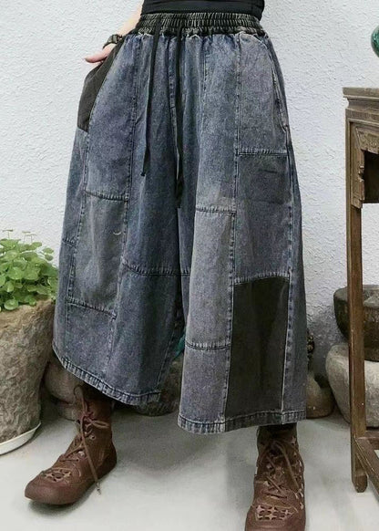 New Blue Pockets Elastic Waist Patchwork Denim Crop Pants Summer VV095 HS-CPTS240627