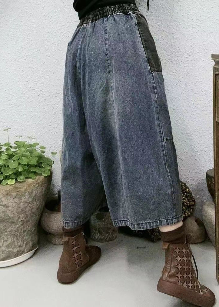 New Blue Pockets Elastic Waist Patchwork Denim Crop Pants Summer VV095 HS-CPTS240627