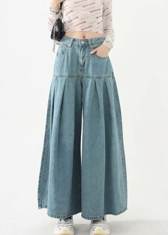 New Blue Pockets High Waist Denim Wide Leg Pants Spring Ada Fashion