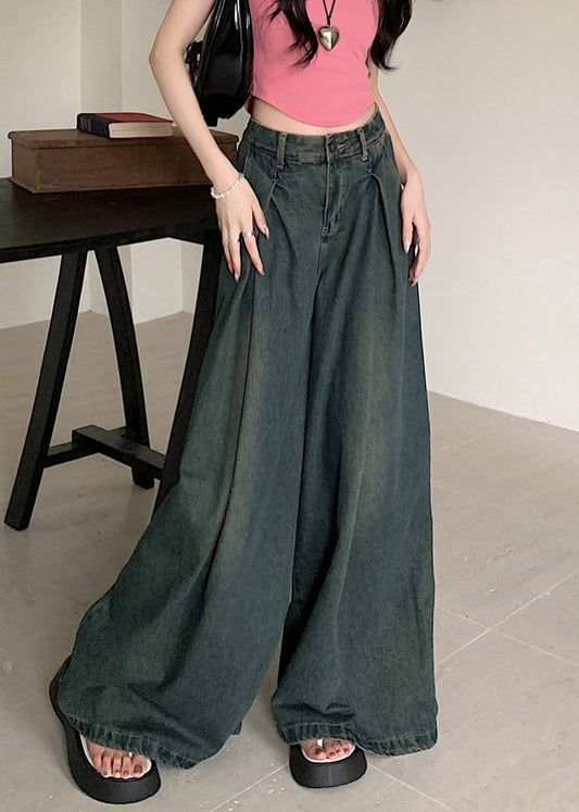 New Blue Pockets High Waist Denim Wide Leg Pants Summer PP009 OM-NZ240827