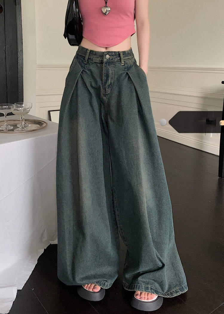 New Blue Pockets High Waist Denim Wide Leg Pants Summer PP009 OM-NZ240827