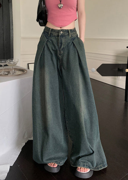 New Blue Pockets High Waist Denim Wide Leg Pants Summer PP009 OM-NZ240827