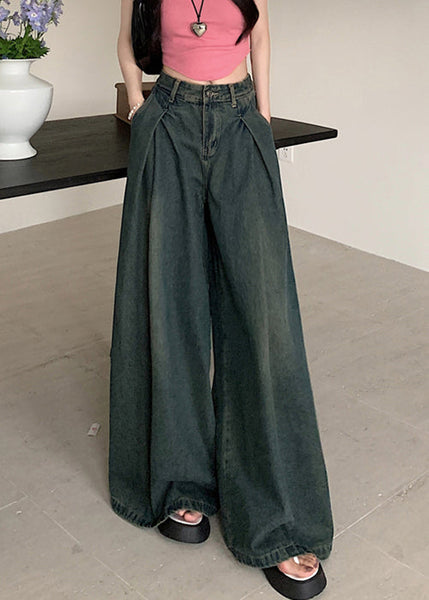 New Blue Pockets High Waist Denim Wide Leg Pants Summer PP009 OM-NZ240827