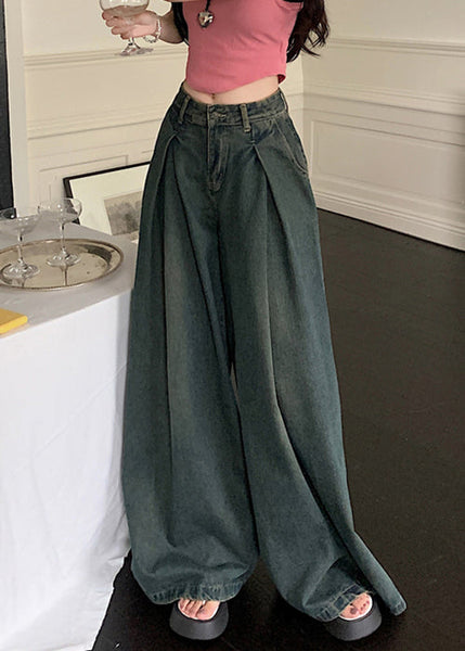 New Blue Pockets High Waist Denim Wide Leg Pants Summer PP009 OM-NZ240827