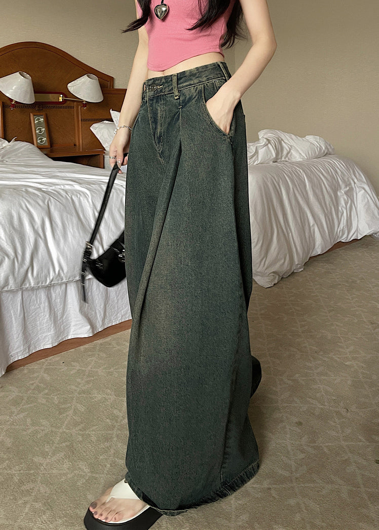 New Blue Pockets High Waist Denim Wide Leg Pants Summer PP009 OM-NZ240827