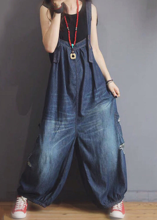 New Blue Pockets Hole Denim Jumpsuit Sleeveless MN089 MMDM-JPTS240704