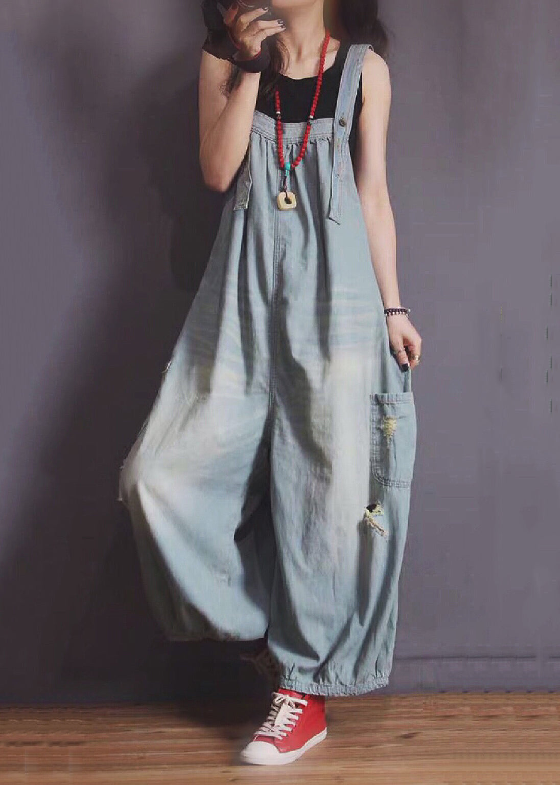 New Blue Pockets Hole Denim Jumpsuit Sleeveless MN089 MMDM-JPTS240704