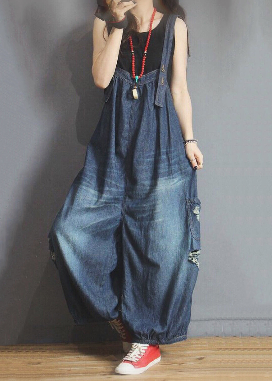 New Blue Pockets Hole Denim Jumpsuit Sleeveless MN089 MMDM-JPTS240704