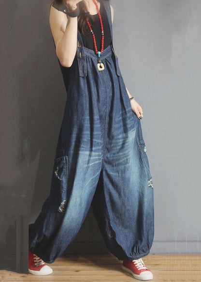 New Blue Pockets Hole Denim Jumpsuit Sleeveless MN089 MMDM-JPTS240704