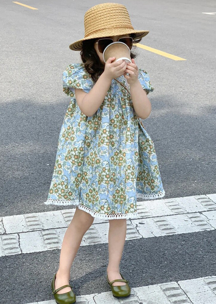 New Blue Print Hollow Out Cotton Girls Dress Summer EW066 WS-RCTZSDGM240809