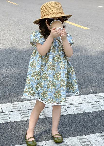 New Blue Print Hollow Out Cotton Girls Dress Summer EW066 WS-RCTZSDGM240809