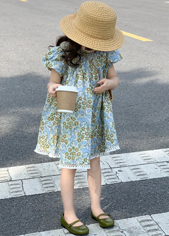 New Blue Print Hollow Out Cotton Girls Dress Summer EW066 WS-RCTZSDGM240809