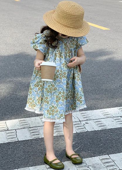 New Blue Print Hollow Out Cotton Girls Dress Summer EW066 WS-RCTZSDGM240809