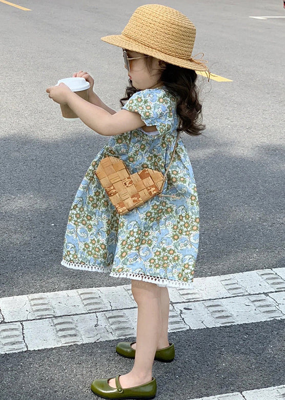 New Blue Print Hollow Out Cotton Girls Dress Summer EW066 WS-RCTZSDGM240809