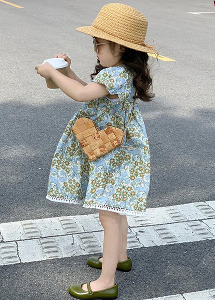 New Blue Print Hollow Out Cotton Girls Dress Summer EW066 WS-RCTZSDGM240809