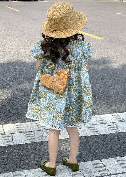 New Blue Print Hollow Out Cotton Girls Dress Summer EW066 WS-RCTZSDGM240809