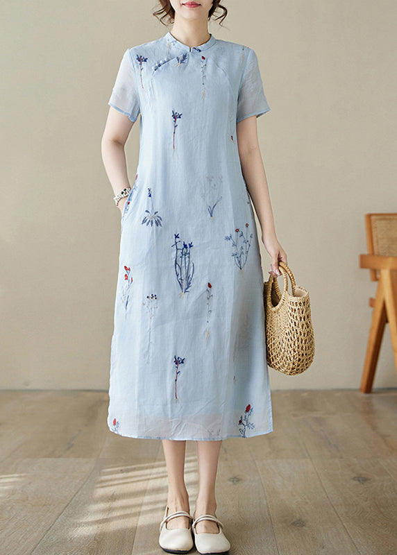 New Blue Print Pockets Linen Long Dress Summer JH066 MMDM-SDL240717