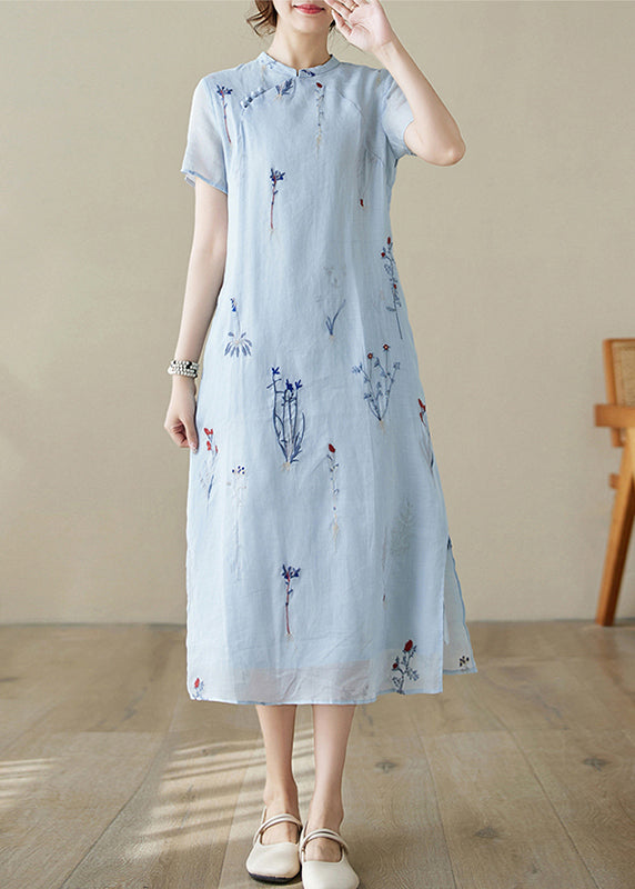 New Blue Print Pockets Linen Long Dress Summer JH066 MMDM-SDL240717