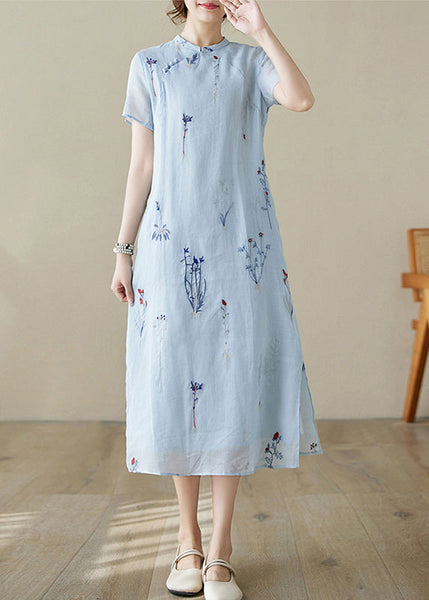 New Blue Print Pockets Linen Long Dress Summer JH066 MMDM-SDL240717