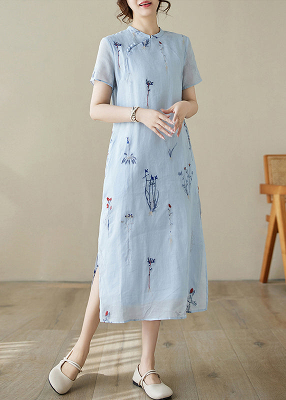 New Blue Print Pockets Linen Long Dress Summer JH066 MMDM-SDL240717