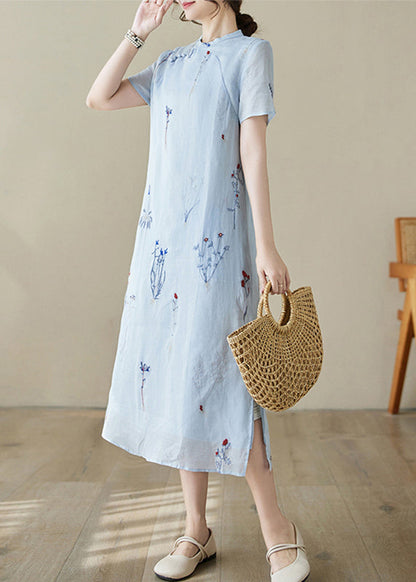 New Blue Print Pockets Linen Long Dress Summer JH066 MMDM-SDL240717