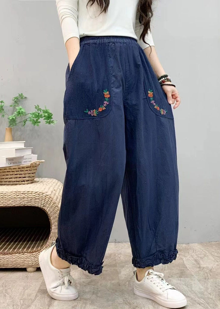 New Blue Ruffled Pockets Elastic Waist Cotton Crop Pants Summer VV054 HS-CPTS240627