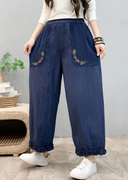 New Blue Ruffled Pockets Elastic Waist Cotton Crop Pants Summer VV054 HS-CPTS240627