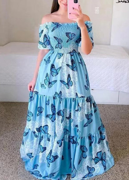 New Blue Ruffled Print Cotton Long Dress Summer WW1061 Ada Fashion