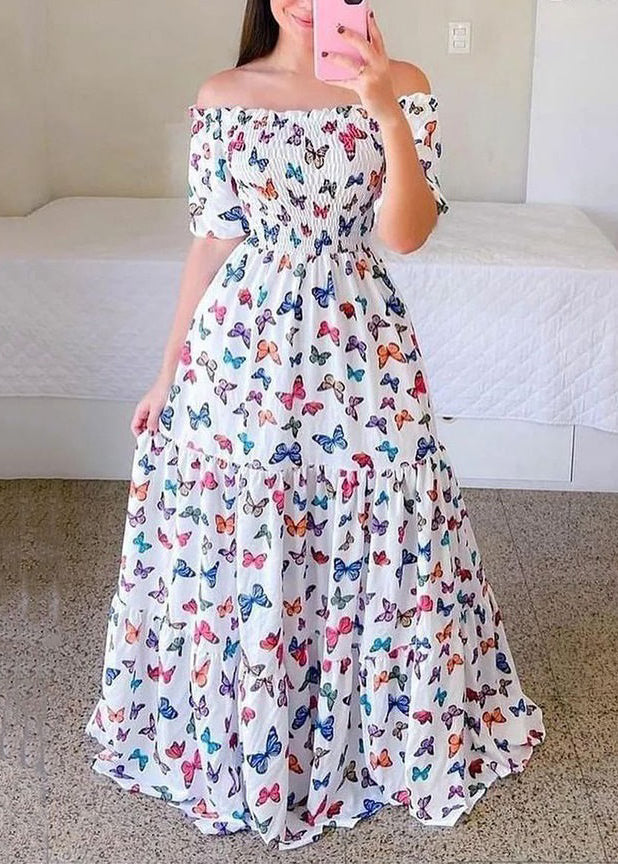 New Blue Ruffled Print Cotton Long Dress Summer WW1061 Ada Fashion