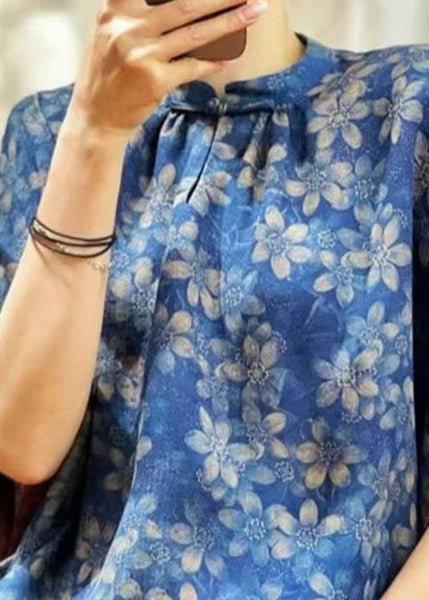 New Blue Stand Collar Button Print Top Half Sleeve QE049 MZF-HTP240927