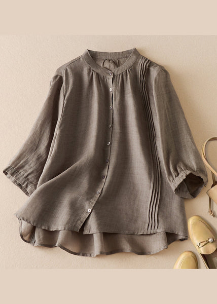 New Blue Stand Collar Button Wrinkled Cotton Shirts Half Sleeve AM1070 Genistyle Shop