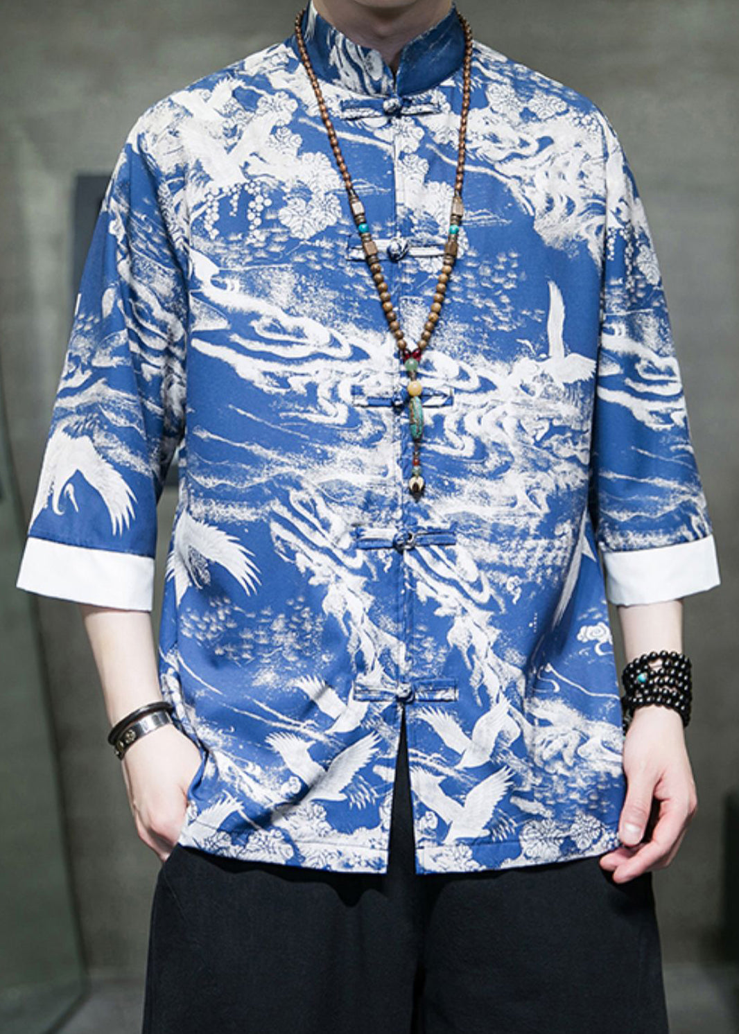 New Blue Stand Collar Print Ice Silk Men's Shirts Bracelet Sleeve YT086 Men-Silk-MENLTP240721