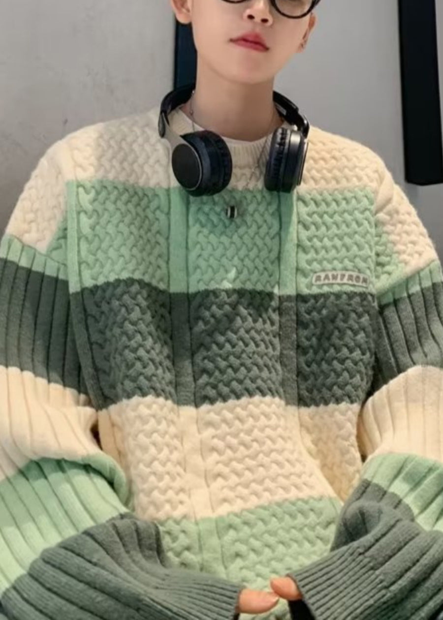 New Blue Striped Cozy Patchwork Knit Men Sweater Fall QH031 MENSW241019