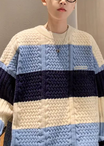 New Blue Striped Cozy Patchwork Knit Men Sweater Fall QH031 MENSW241019