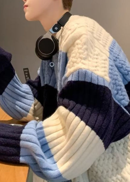 New Blue Striped Cozy Patchwork Knit Men Sweater Fall QH031 MENSW241019
