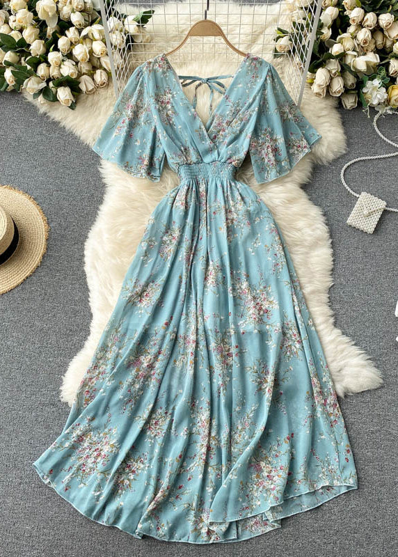 New Blue V Neck Lace Up Print Chiffon Vacation Dresses Summer TR051 ZS-SDL240730