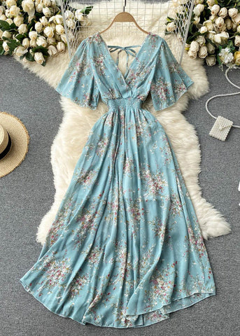 New Blue V Neck Lace Up Print Chiffon Vacation Dresses Summer TR051 ZS-SDL240730